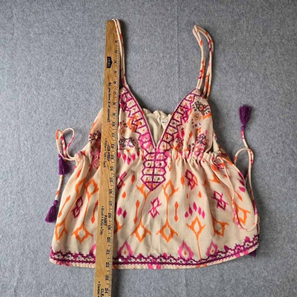 Boho Ikat‎ Print Cami Top Women XS Pink Orange Sequin Tassel Festival Babydoll - Picture 7 of 12